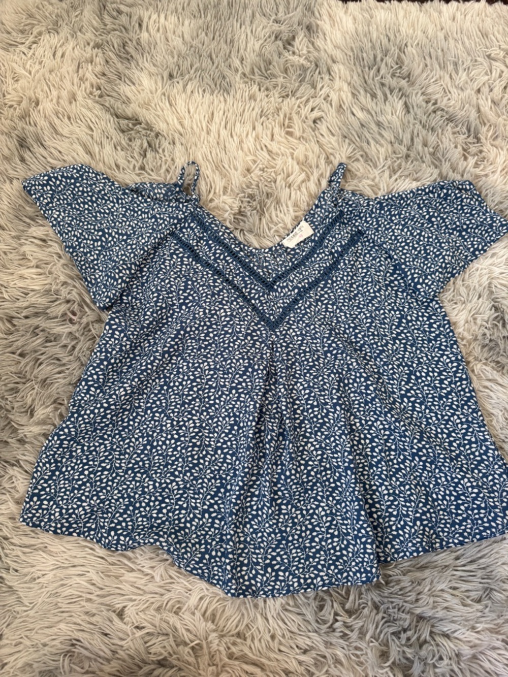 Blue Floral V-Neck Cold Shoulder Blouse
